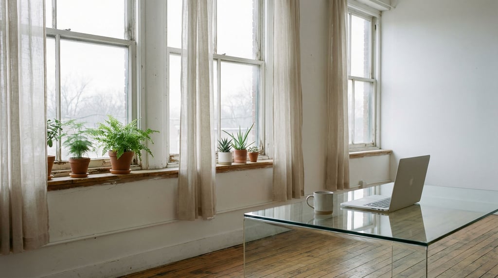 A bright airy studio with white walls, large windows, a glass desk with a slim laptop (uvhh4a)