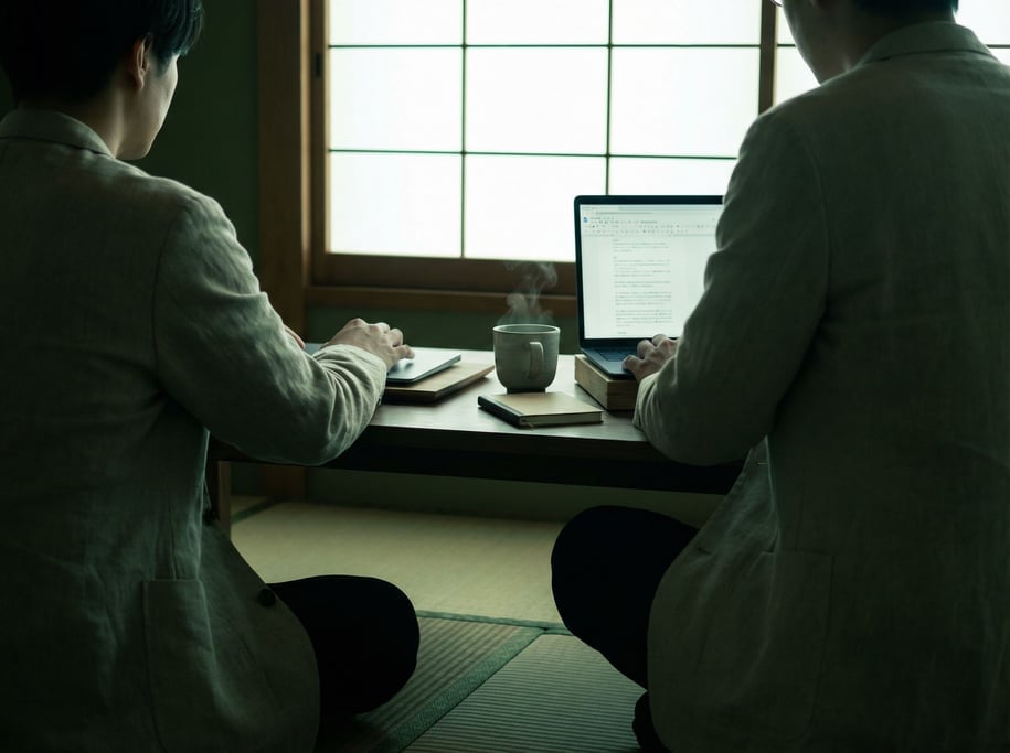 A minimalist Japanese-style floor desk, laptop on a low walnut platform, tatami mat (vsqom5sl)