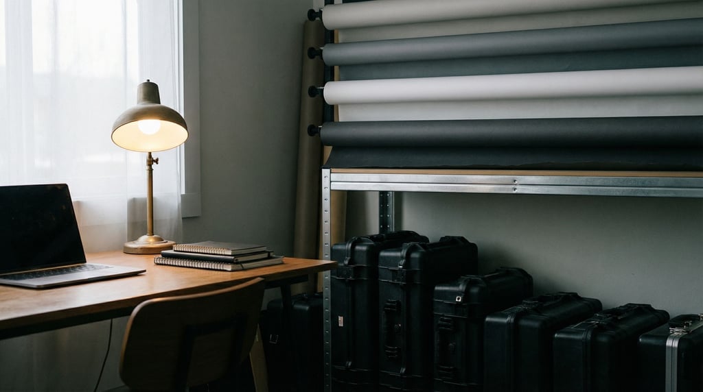 A photography studio office area, laptop next to lighting equipment cases