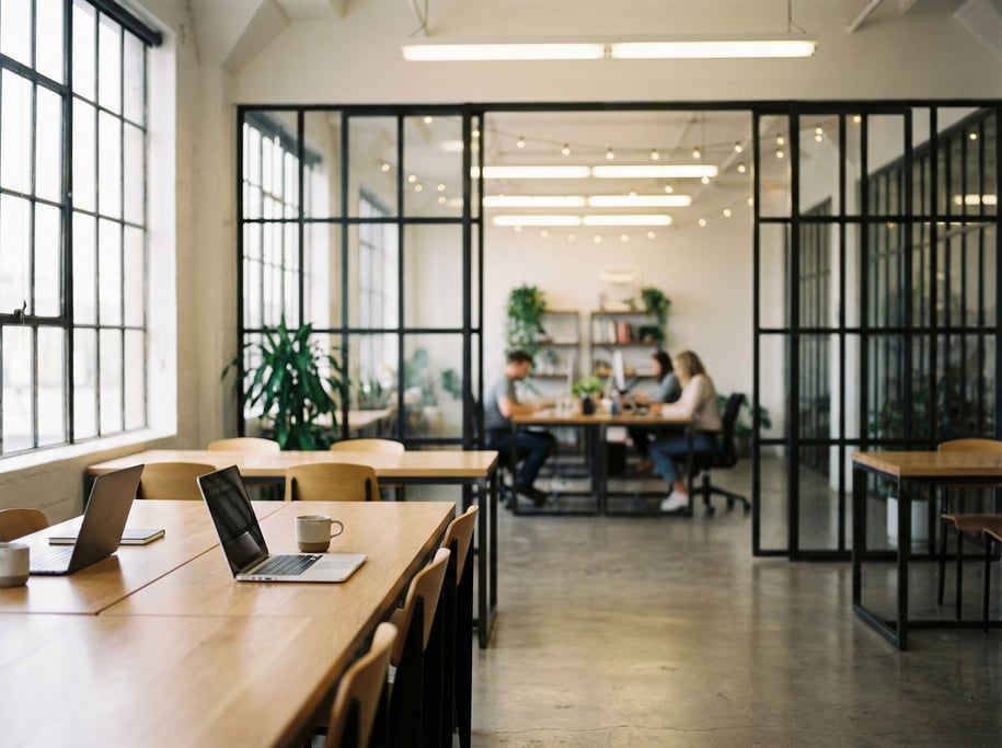 A modern coworking space with polished concrete floors, steel and glass partitions (rea3flov)