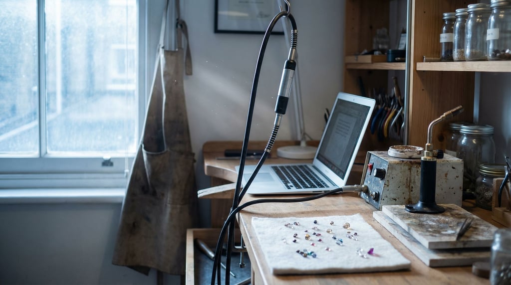 A jeweler's bench workspace, laptop squeezed between a flex shaft tool and a soldering station