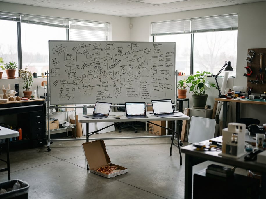 A startup garage office, whiteboard covered in scribbled diagrams behind a folding table with three (hbr070k)
