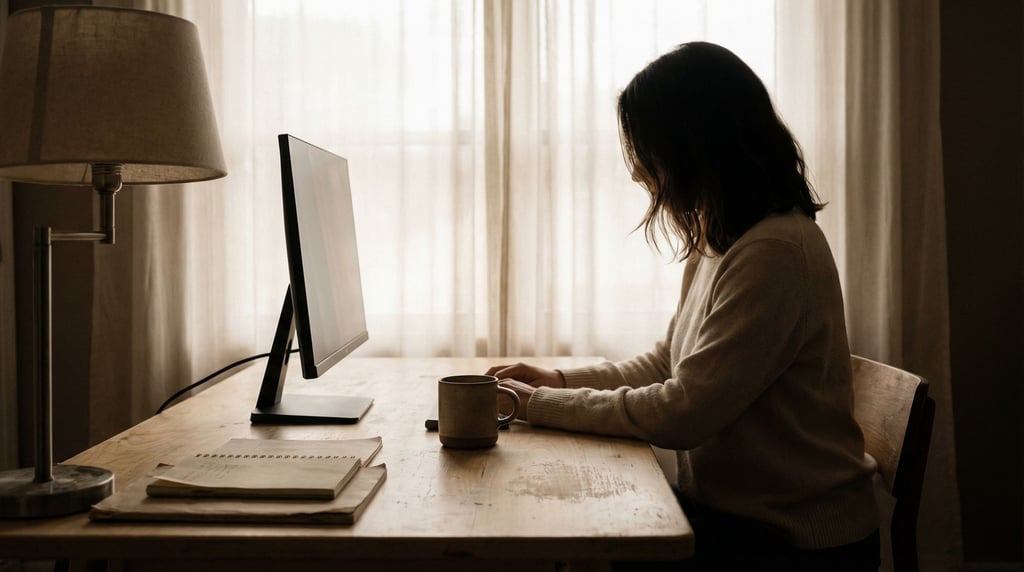 A minimal Scandinavian desk setup, light birch wood, slim monitor, single ceramic mug (qqcg8ebl)