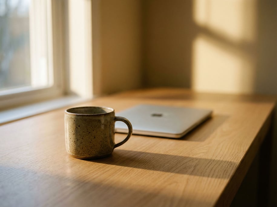 A clean minimal desk with a single laptop and ceramic coffee mug (nbc1py2)