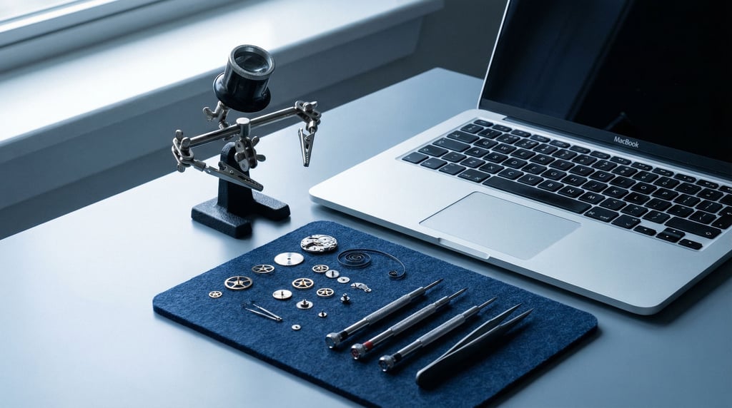 A watch repair workspace, laptop next to a magnifying loupe stand (3jviilee)