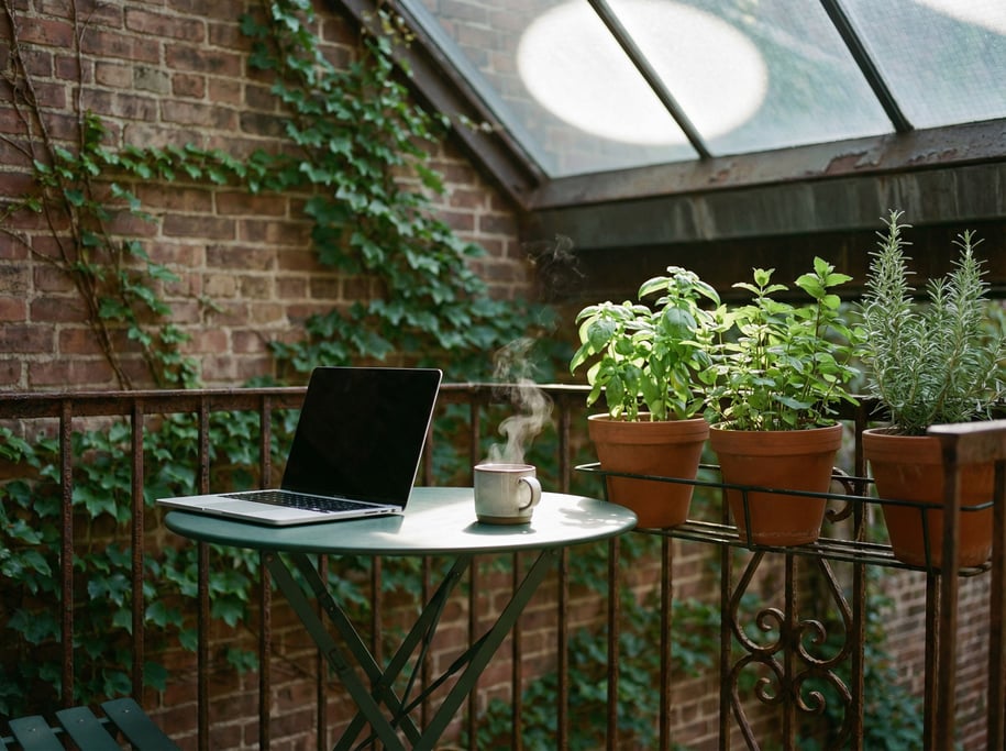 A fire escape workspace in summer, laptop on a small folding table, brick wall behind (gyzrzaac)