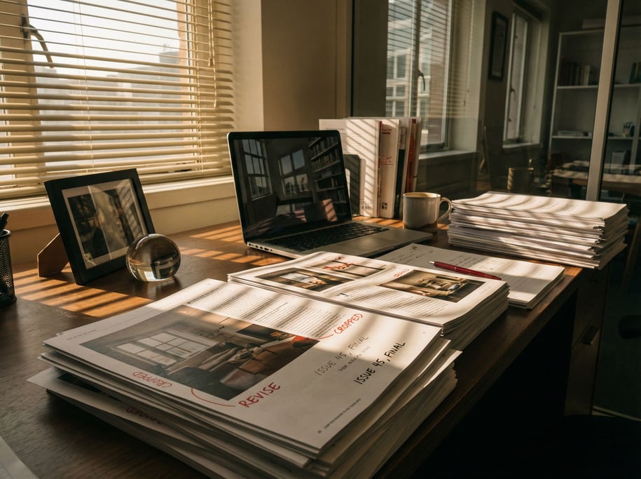 A magazine editor's desk piled with printed layouts, laptop barely visible among the paper (yavfiijj)