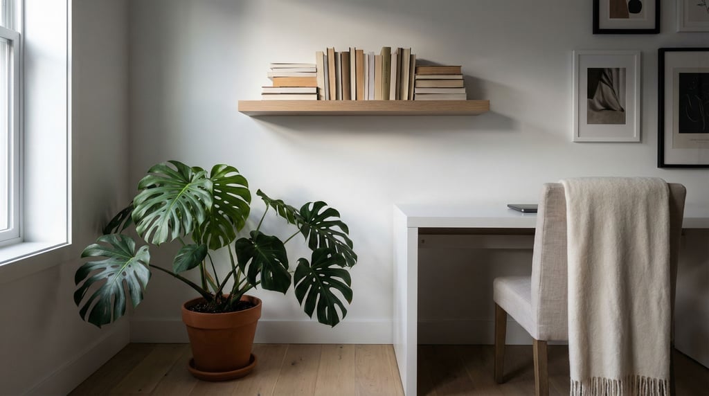 A home office corner with a monstera plant, books stacked on a floating shelf (lzciqews)