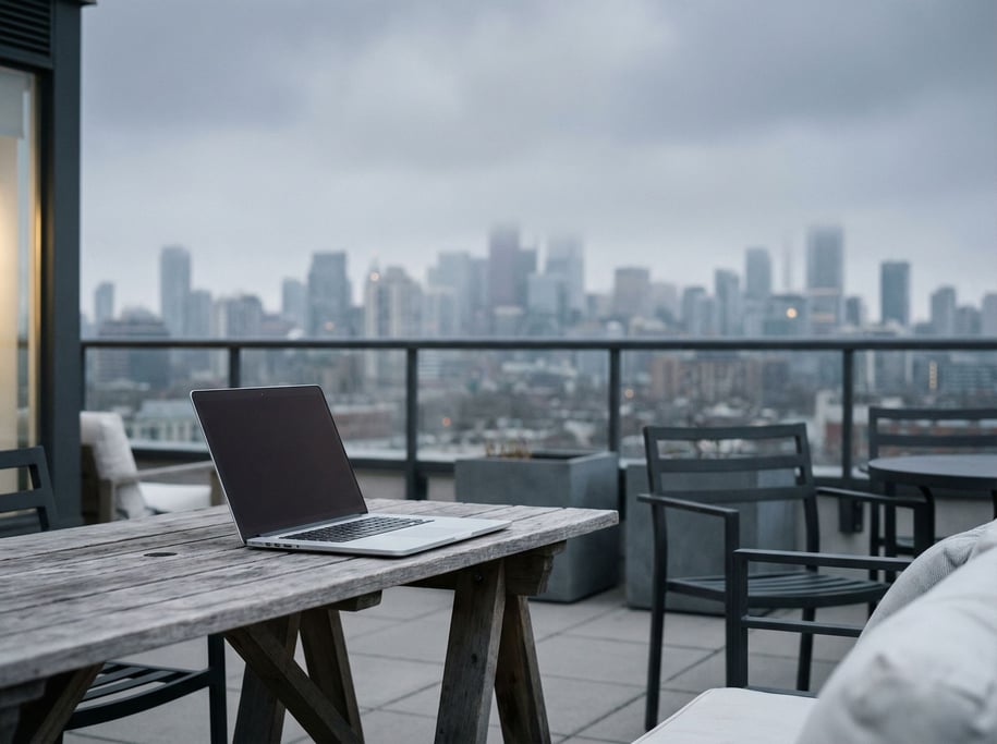 A rooftop workspace setup, laptop on a simple outdoor table, overcast sky, blurred city behind (2p7xglmz)