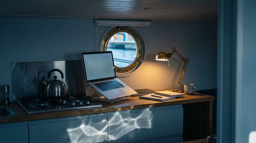 A houseboat galley workspace, laptop wedged between the stove and a porthole