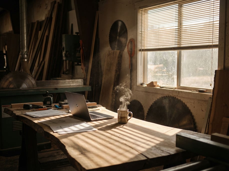 A woodworker's office in the corner of a sawmill, laptop on a live-edge slab desk