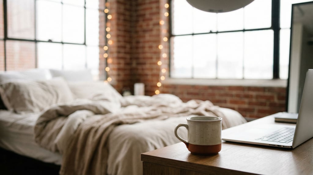 A loft bedroom workspace, laptop on a desk at the foot of an unmade bed, exposed brick wall