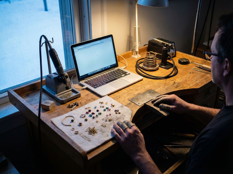 A jeweler's bench workspace, laptop squeezed between a flex shaft tool and a soldering station (bk9ewe10)