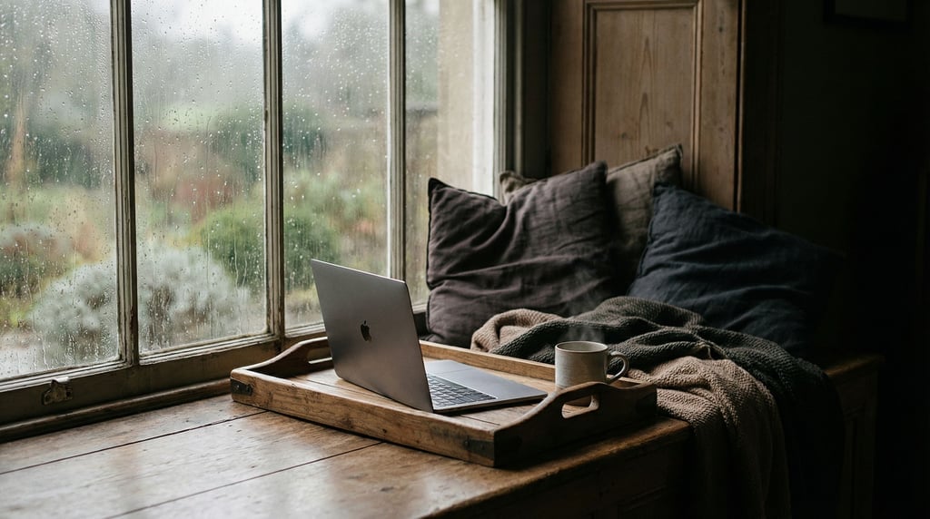 A window seat turned into a workspace, cushions pushed aside, laptop on a wooden tray