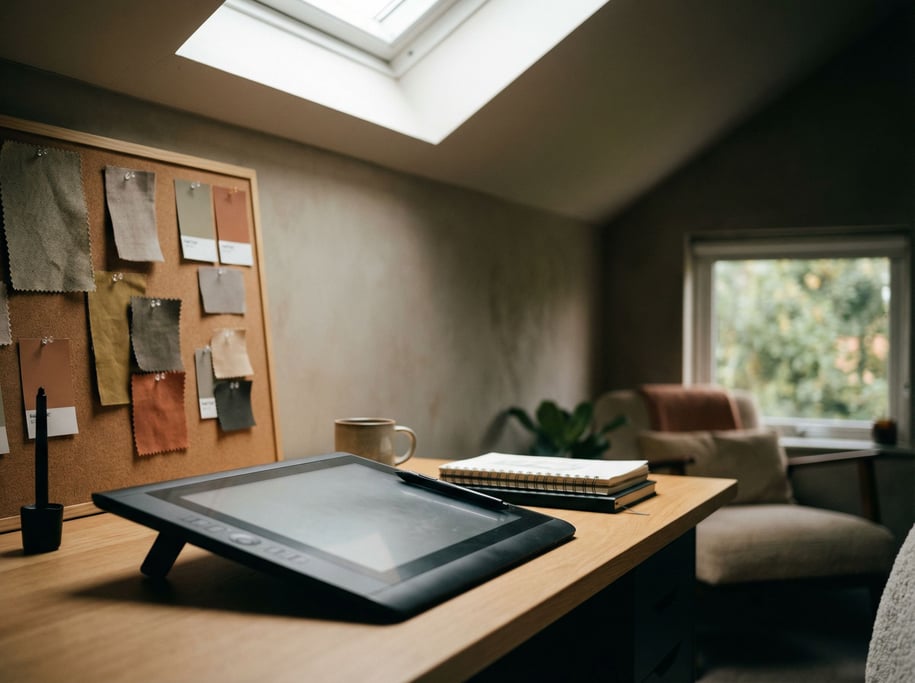 A designer's modern workspace with a tablet and stylus on a light desk (xrxv1bwi)