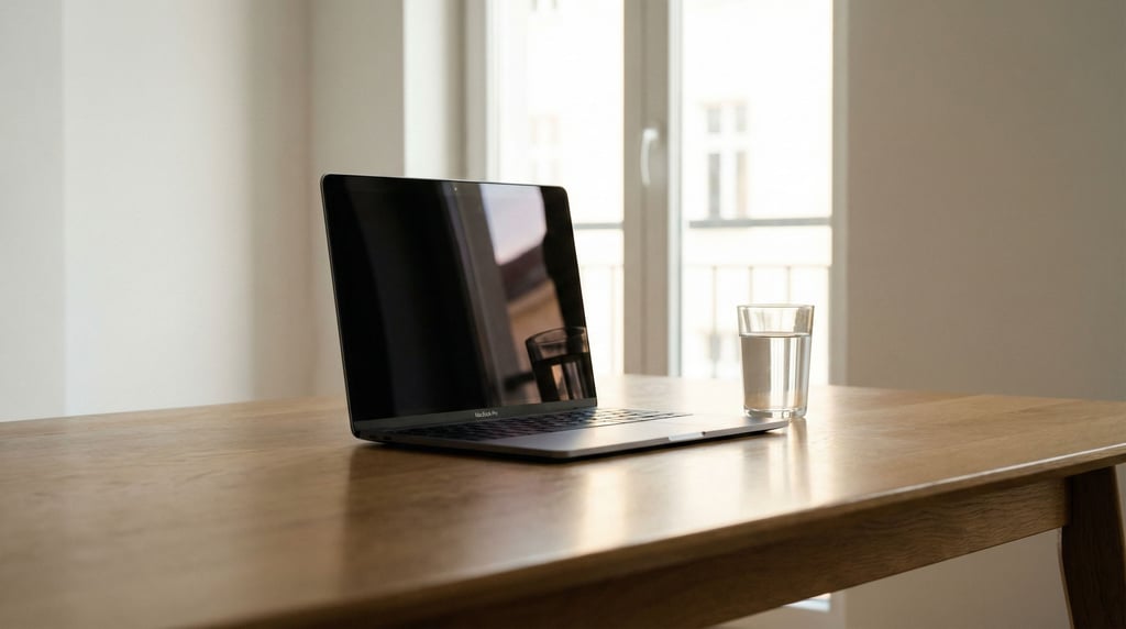 An empty minimal desk with just a closed laptop and a glass of water, clean white walls (2nbmrgvl)
