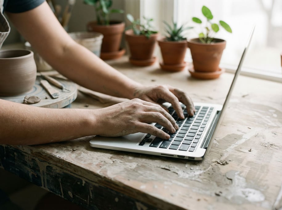 A ceramicist's workbench doubling as a desk, laptop next to a pottery wheel (svnumjzz)
