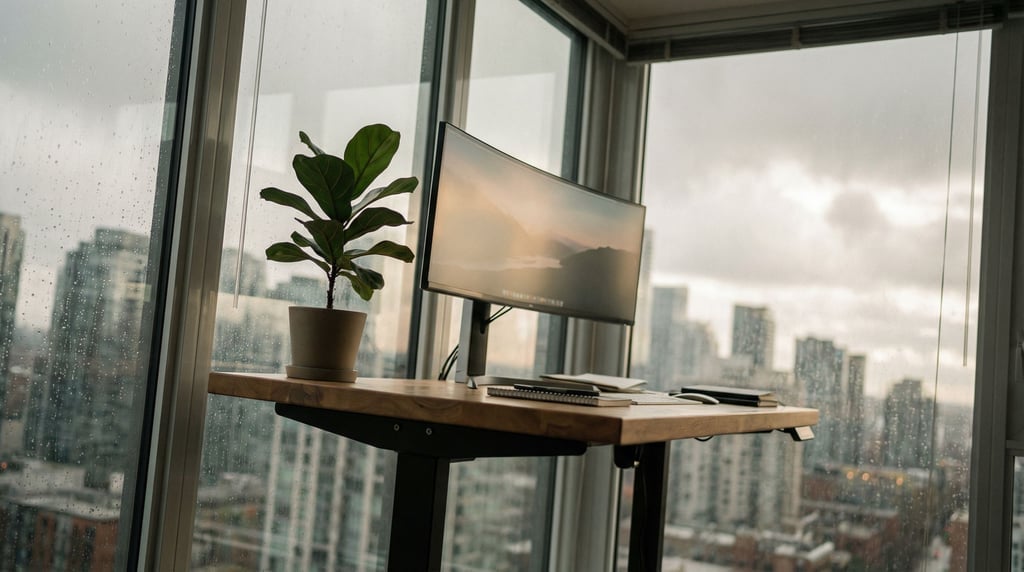 A modern standing desk near floor-to-ceiling windows, ultrawide monitor, single plant (cssta)