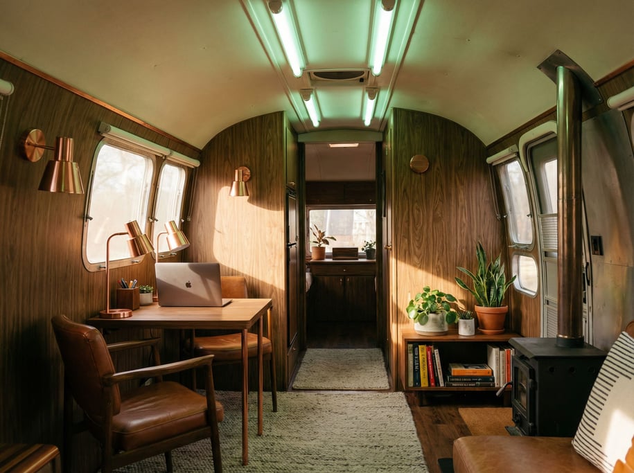 A vintage Airstream interior converted to an office, compact desk with a laptop (imz512nx)