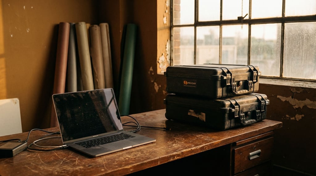 A photography studio office area, laptop next to lighting equipment cases (ypzg)