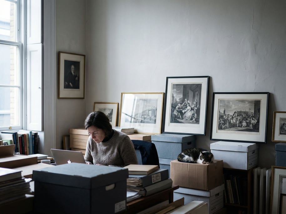 A museum curator's back office, laptop surrounded by archive boxes and framed prints leaning against (g5bd0doo)