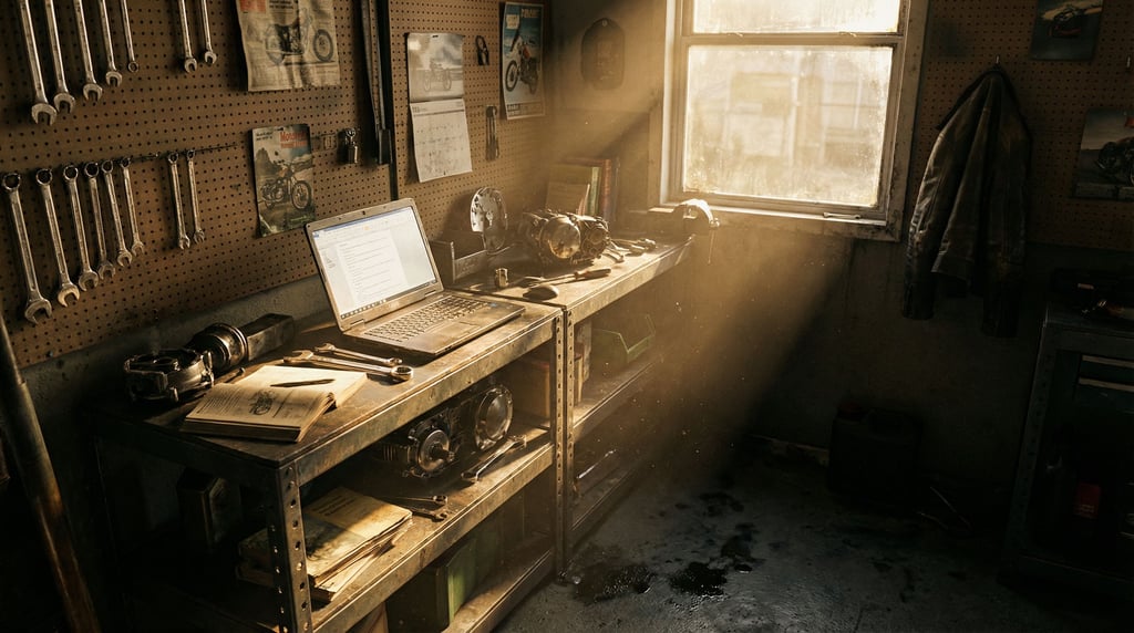 A motorcycle garage office corner, laptop on a metal shelf unit (popljst2)