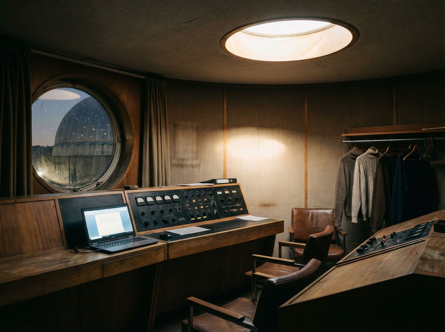 A planetarium control room, laptop next to a bank of dimmed switches