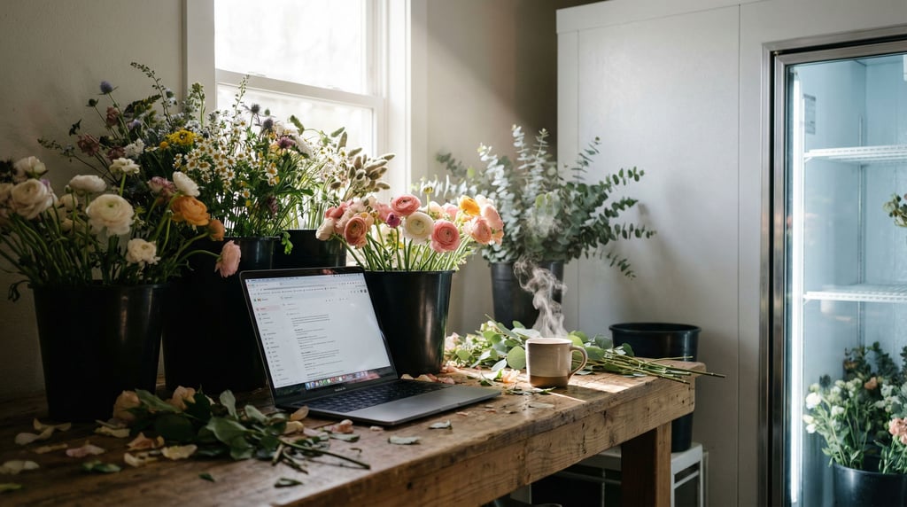 A florist's back room workspace, laptop surrounded by buckets of stems, petals on the counter (d43xirn)