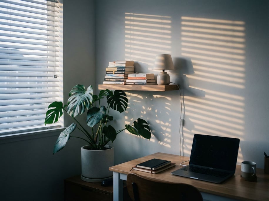 A home office corner with a monstera plant, books stacked on a floating shelf (qzh2uqyk)