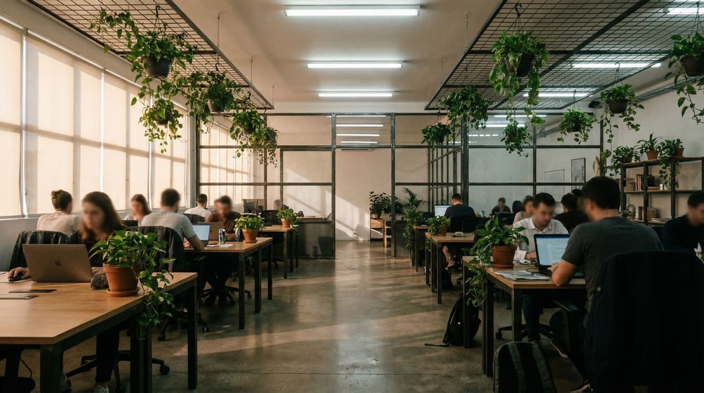 A modern coworking space with polished concrete floors, steel and glass partitions (i)