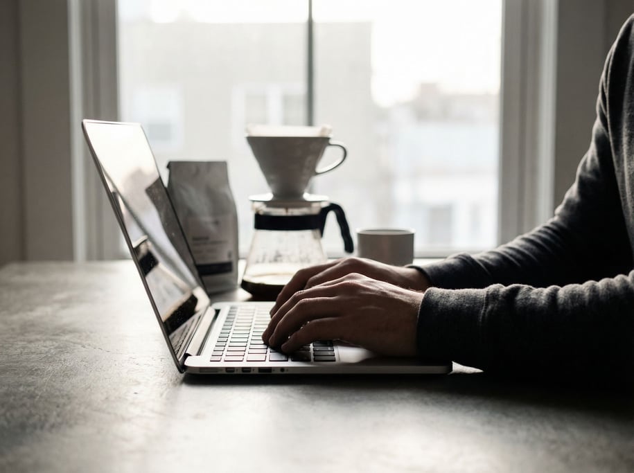 A modern kitchen counter repurposed as a workspace, MacBook next to a pour-over coffee setup (vihrgsf4)
