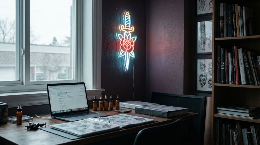 A tattoo parlor office nook, laptop next to flash sheets and ink bottles (nle6iyst)