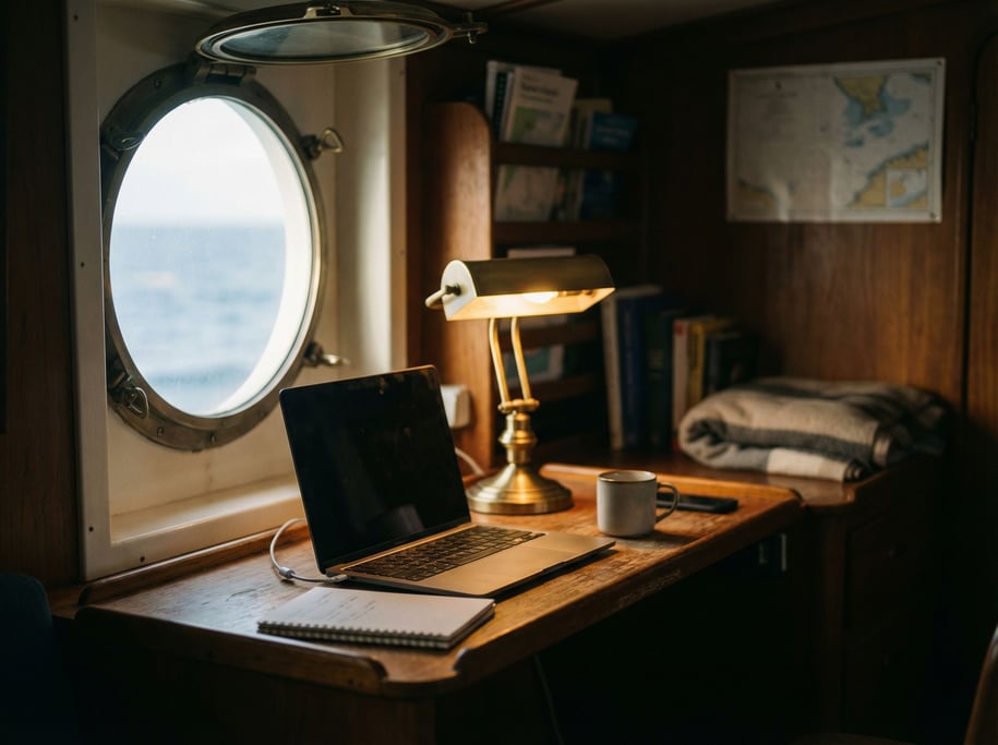 A boat cabin workspace, laptop secured on a narrow teak desk (eyjy1f1a)