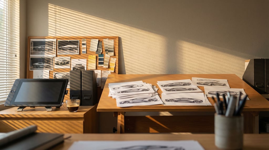 An automotive designer's studio late in the afternoon