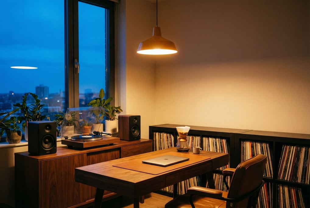 Late evening blue-hour glow floods a vinyl collector's listening room through a tall window