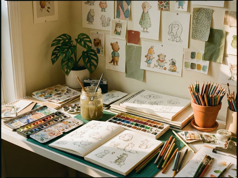 A children's book illustrator's chaotic desk seen from slightly above