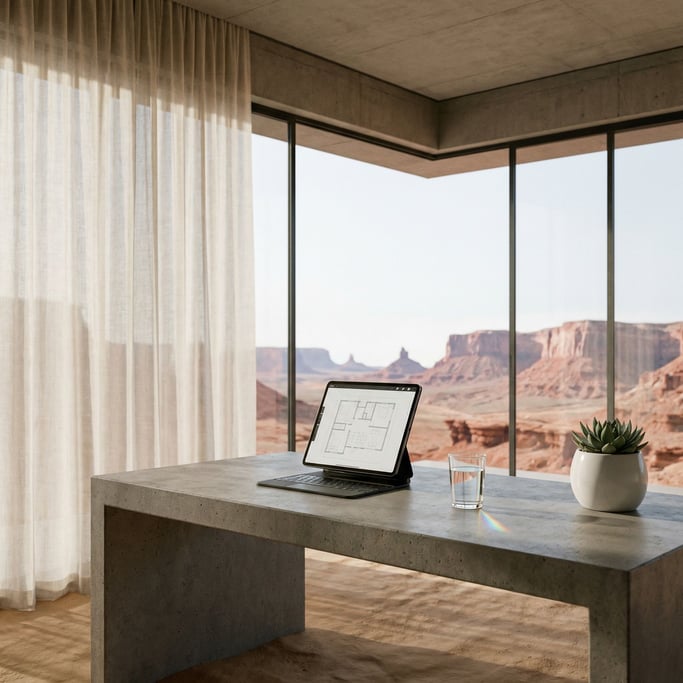 Harsh midday light softened by a sheer linen curtain illuminates a desert retreat workspace in brutalist concrete