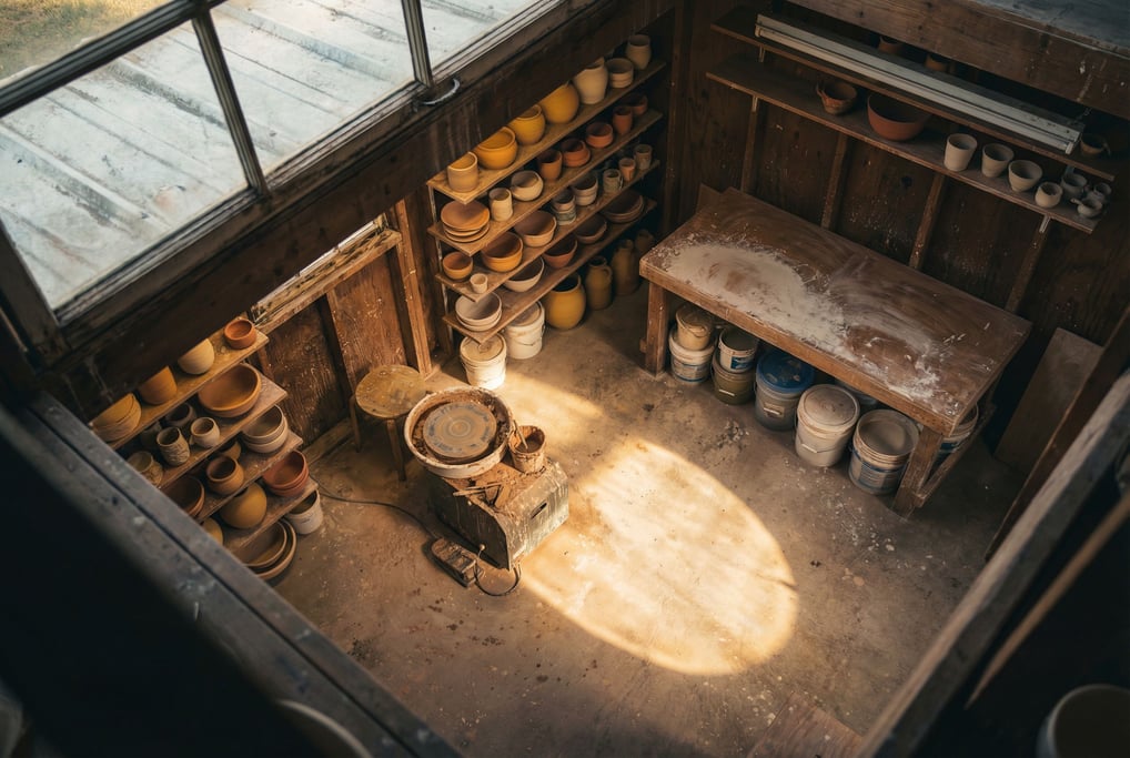A ceramicist's throwing studio at dawn