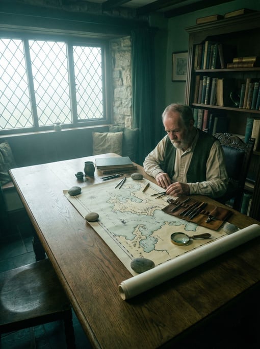 Morning fog presses against the windows of an old stone cottage where a cartographer works
