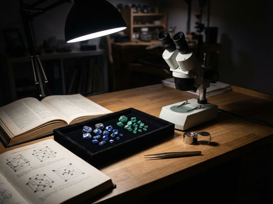 A gemologist's examination desk, a compact workspace with a binocular microscope