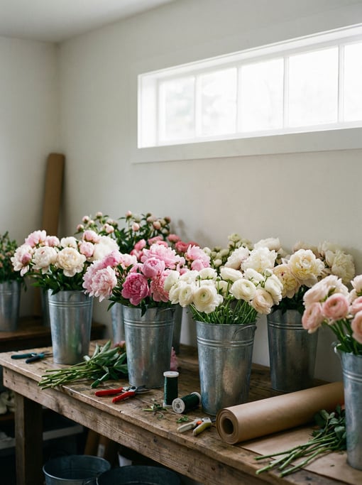 Galvanized steel buckets overflow with peonies and ranunculus on a rough wooden table deep in a flow
