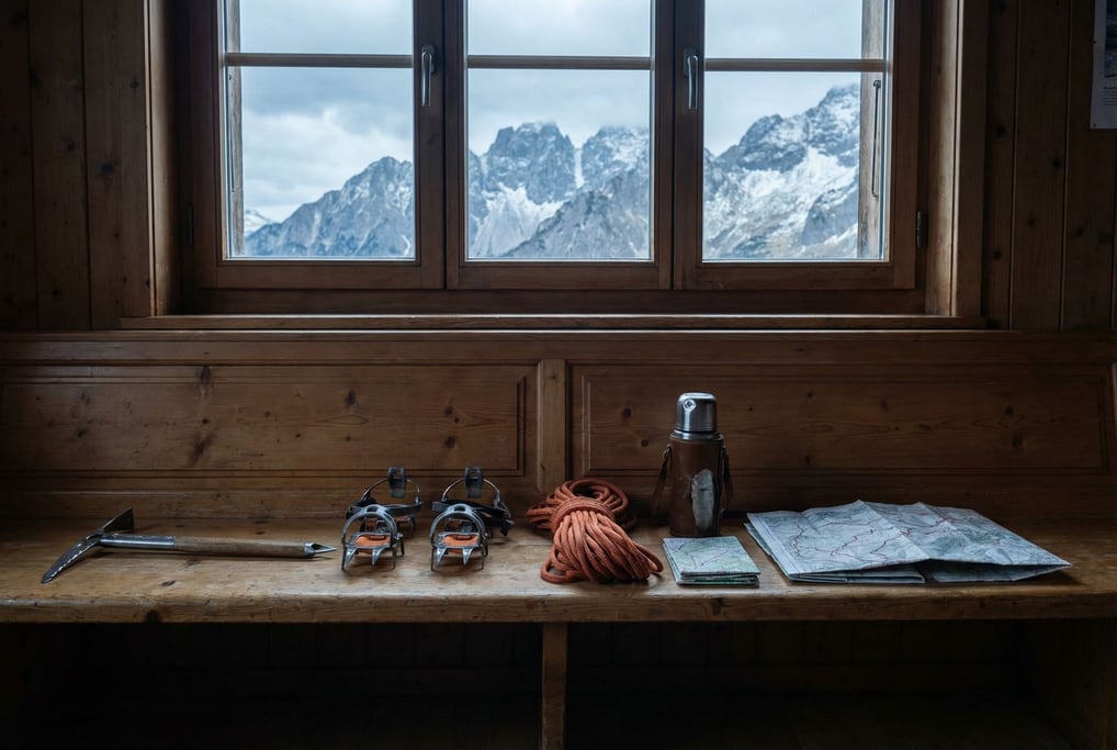 Everything laid out for inspection on a long pine bench in a Swiss chalet gear room: ice axe