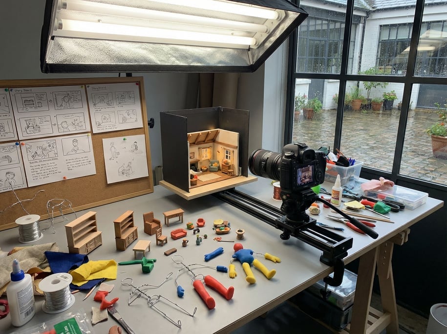 A stop-motion animator's set-building table