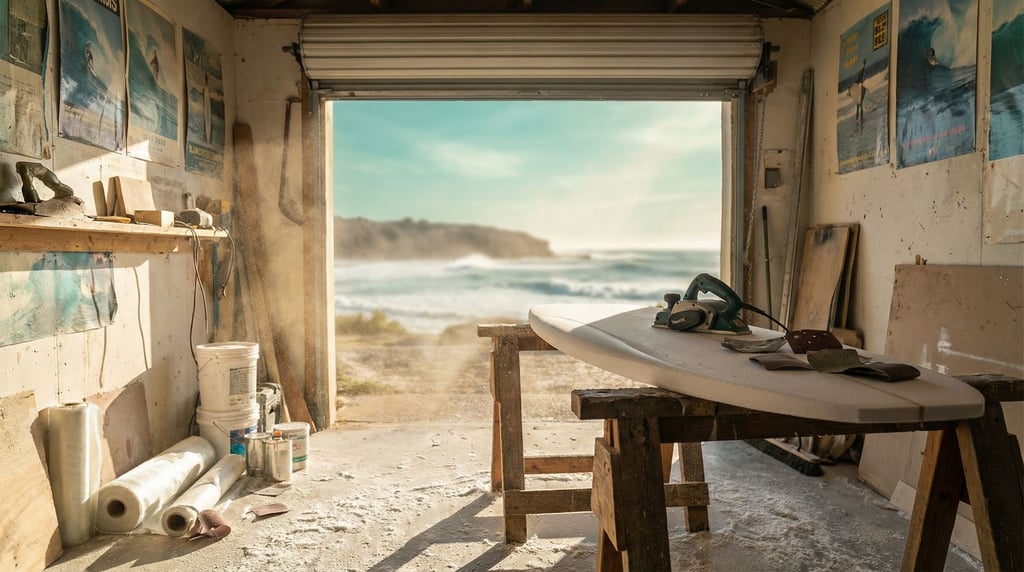 Salt air and fiberglass dust: a surf shaper's coastal garage with a foam blank on sawhorses