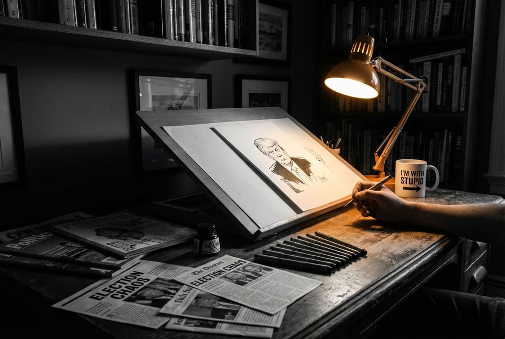 A political cartoonist's home studio