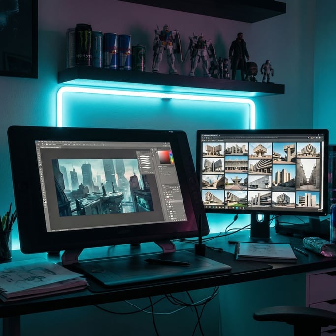 A concept artist's dual-screen battlestation