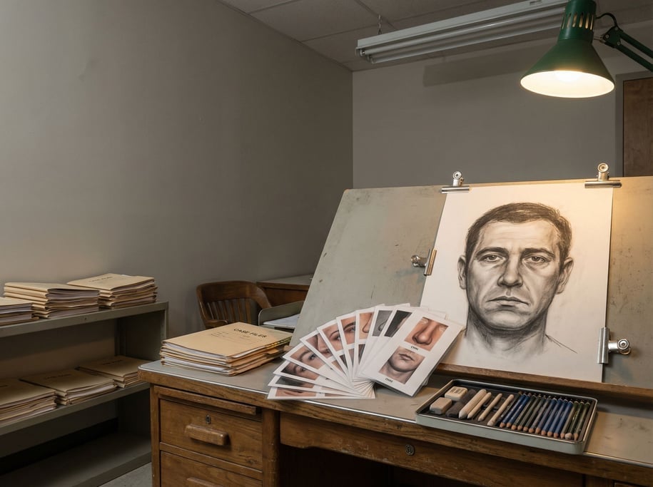A forensic sketch artist's quiet office