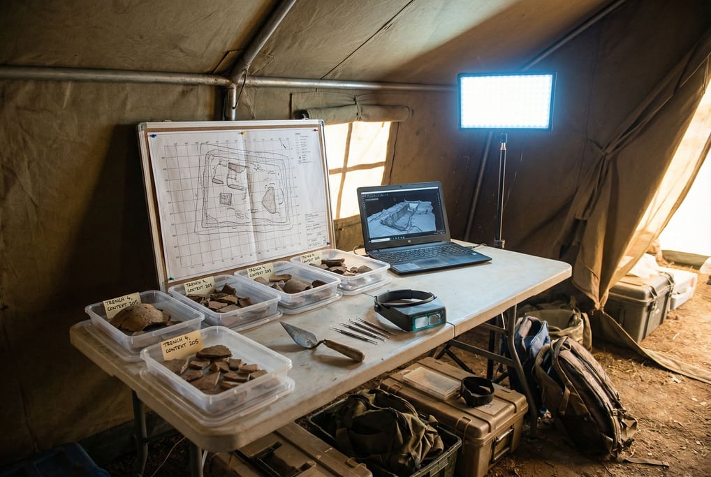 A battlefield archaeologist's field laboratory in a canvas tent