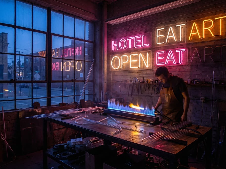 Dusk settles outside a neon sign maker's workshop as the real light gives way to the artificial