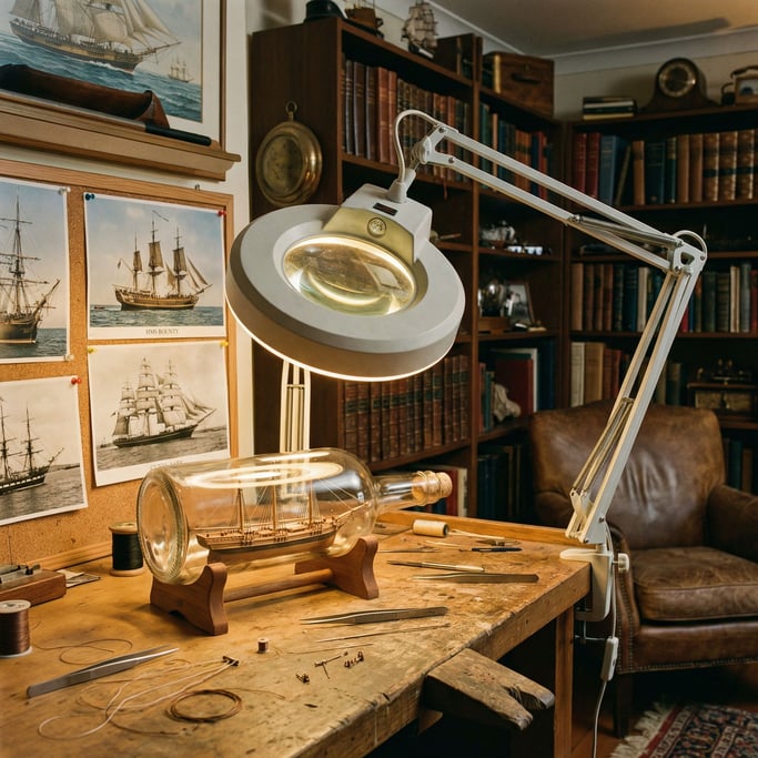 A ship-in-a-bottle builder's magnified workspace